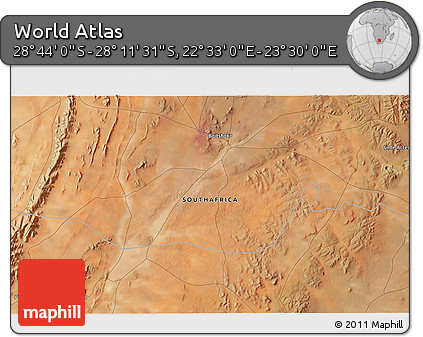 Satellite 3D Map of the Area around 28° 27' 45" S, 23° 1' 29" E