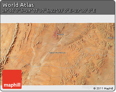 Satellite 3D Map of the Area around 28° 27' 45" S, 23° 1' 29" E