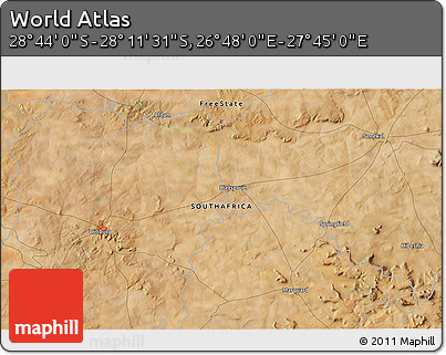 Satellite 3D Map of the Area around 28° 27' 45" S, 27° 16' 29" E