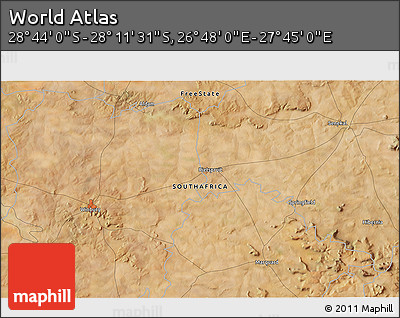 Satellite 3D Map of the Area around 28° 27' 45" S, 27° 16' 29" E