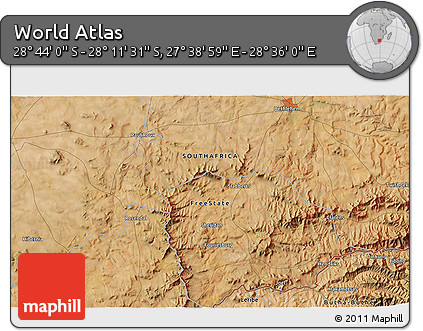 Satellite 3D Map of the Area around 28° 27' 45" S, 28° 7' 30" E