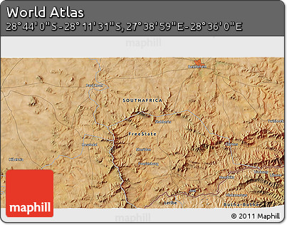 Satellite 3D Map of the Area around 28° 27' 45" S, 28° 7' 30" E