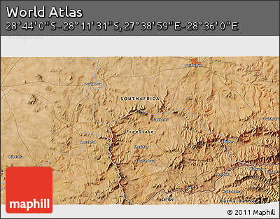 Satellite 3D Map of the Area around 28° 27' 45" S, 28° 7' 30" E