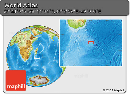Physical Location Map of the Area around 28° 27' 45" S, 48° 31' 29" E