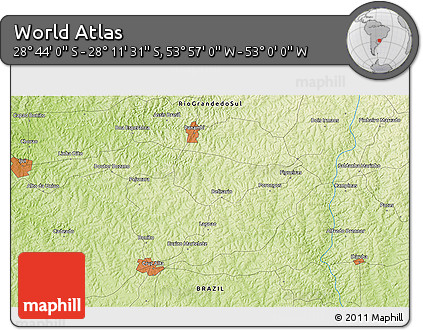 Physical 3D Map of the Area around 28° 27' 45" S, 53° 28' 30" W