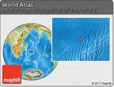 Physical Location Map of the Area around 28° 27' 45" S, 57° 1' 29" E