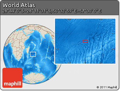 Shaded Relief Location Map of the Area around 28° 27' 45" S, 57° 1' 29" E