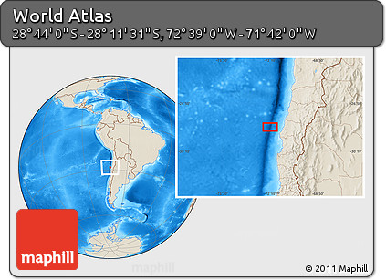 Shaded Relief Location Map of the Area around 28° 27' 45" S, 72° 10' 30" W