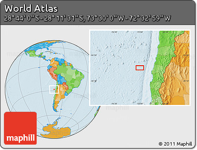Political Location Map of the Area around 28° 27' 45" S, 73° 1' 30" W