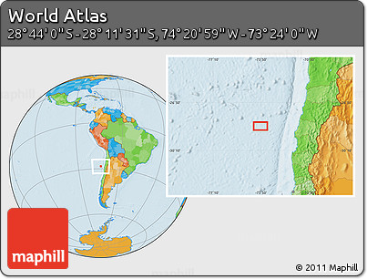 Political Location Map of the Area around 28° 27' 45" S, 73° 52' 30" W