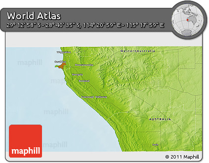 Physical 3D Map of the Area around 28° 56' 46" S, 114° 49' 29" E