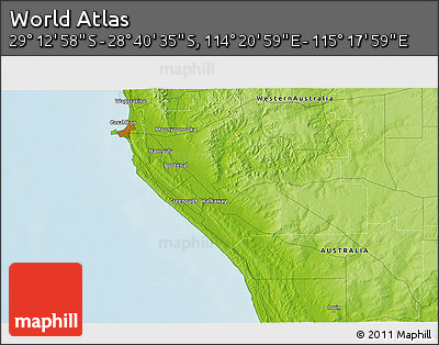 Physical 3D Map of the Area around 28° 56' 46" S, 114° 49' 29" E