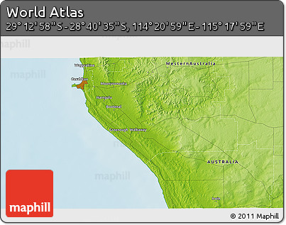Physical 3D Map of the Area around 28° 56' 46" S, 114° 49' 29" E