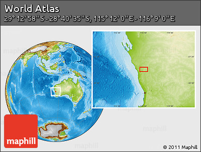 Physical Location Map of the Area around 28° 56' 46" S, 115° 40' 30" E
