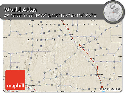 Shaded Relief Map of the Area around 28° 56' 46" S, 115° 40' 30" E
