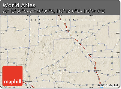 Shaded Relief Map of the Area around 28° 56' 46" S, 115° 40' 30" E