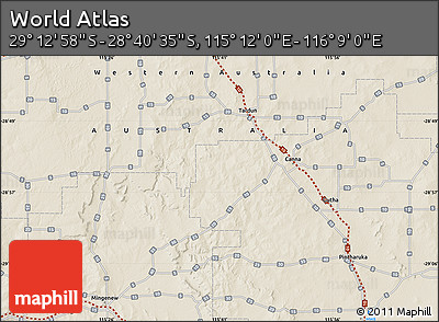 Shaded Relief Map of the Area around 28° 56' 46" S, 115° 40' 30" E