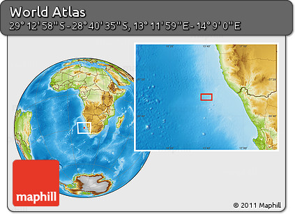 Physical Location Map of the Area around 28° 56' 46" S, 13° 40' 30" E