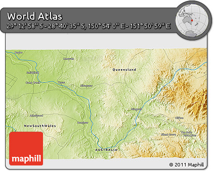 Physical 3D Map of the Area around 28° 56' 46" S, 151° 22' 30" E