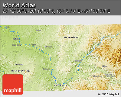 Physical 3D Map of the Area around 28° 56' 46" S, 151° 22' 30" E