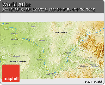 Physical 3D Map of the Area around 28° 56' 46" S, 151° 22' 30" E