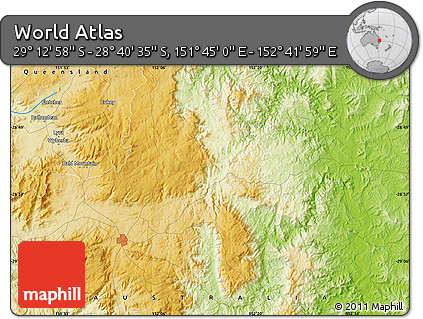Physical Map of the Area around 28° 56' 46" S, 152° 13' 29" E