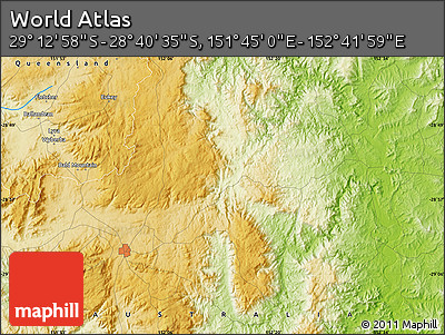 Physical Map of the Area around 28° 56' 46" S, 152° 13' 29" E