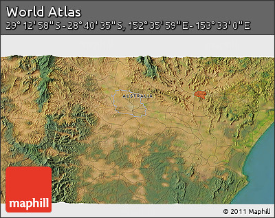 Satellite 3D Map of the Area around 28° 56' 46" S, 153° 4' 29" E