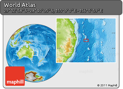 Physical Location Map of the Area around 28° 56' 46" S, 155° 37' 30" E