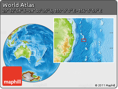 Physical Location Map of the Area around 28° 56' 46" S, 155° 37' 30" E