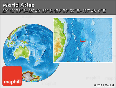 Physical Location Map of the Area around 28° 56' 46" S, 157° 19' 29" E