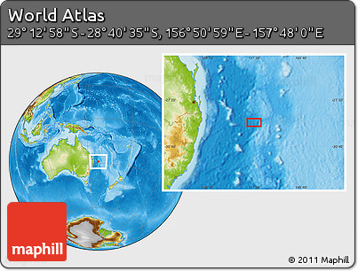 Physical Location Map of the Area around 28° 56' 46" S, 157° 19' 29" E