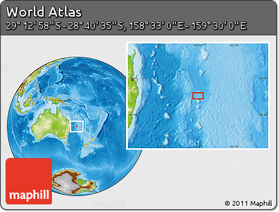 Physical Location Map of the Area around 28° 56' 46" S, 159° 1' 30" E