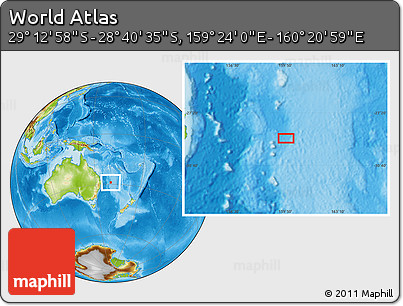 Physical Location Map of the Area around 28° 56' 46" S, 159° 52' 30" E
