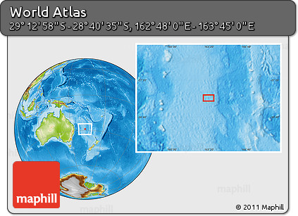 Physical Location Map of the Area around 28° 56' 46" S, 163° 16' 30" E