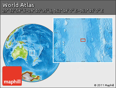 Physical Location Map of the Area around 28° 56' 46" S, 163° 16' 30" E