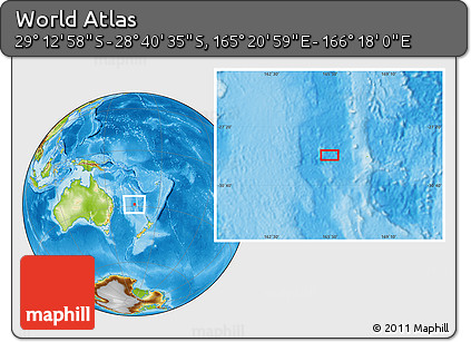 Physical Location Map of the Area around 28° 56' 46" S, 165° 49' 29" E