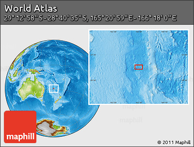 Physical Location Map of the Area around 28° 56' 46" S, 165° 49' 29" E