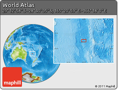 Physical Location Map of the Area around 28° 56' 46" S, 165° 49' 29" E