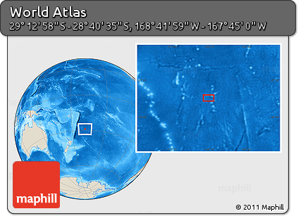 Shaded Relief Location Map of the Area around 28° 56' 46" S, 168° 13' 29" W