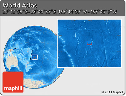 Shaded Relief Location Map of the Area around 28° 56' 46" S, 168° 13' 29" W