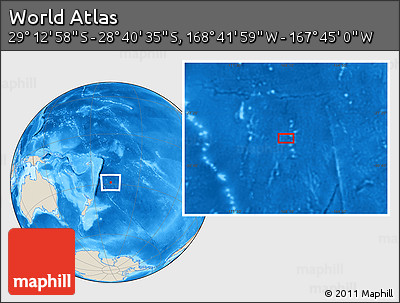 Shaded Relief Location Map of the Area around 28° 56' 46" S, 168° 13' 29" W
