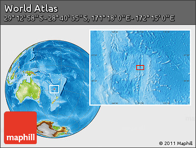 Physical Location Map of the Area around 28° 56' 46" S, 171° 46' 30" E