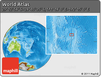Physical Location Map of the Area around 28° 56' 46" S, 171° 46' 30" E