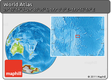 Physical Location Map of the Area around 28° 56' 46" S, 173° 28' 29" E