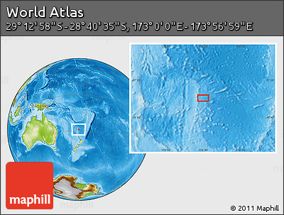 Physical Location Map of the Area around 28° 56' 46" S, 173° 28' 29" E