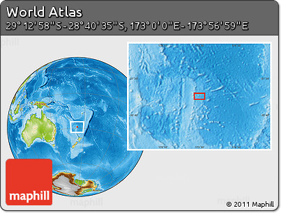 Physical Location Map of the Area around 28° 56' 46" S, 173° 28' 29" E