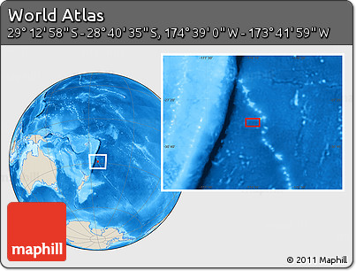 Shaded Relief Location Map of the Area around 28° 56' 46" S, 174° 10' 30" W