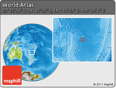 Physical Location Map of the Area around 28° 56' 46" S, 175° 10' 30" E