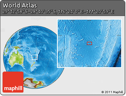 Physical Location Map of the Area around 28° 56' 46" S, 176° 52' 30" E